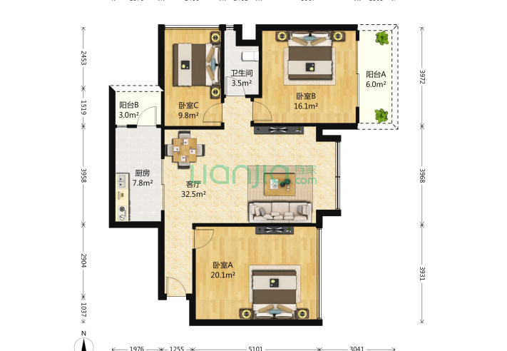 瑞泽佳园 3室2厅1卫 89㎡ 户型