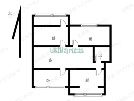 开发区南北通透三居室户型方正大社区集中供暖-户型图