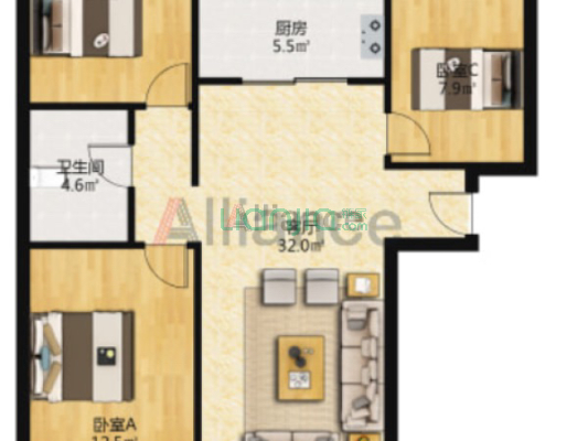 K2狮子城南区 3室1厅 南 北-户型图