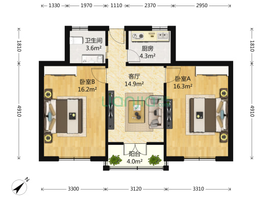 中山南二路936号 2室1厅1卫 77平方