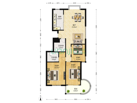 绿洲之馨公寓 3室1厅2卫 130平方