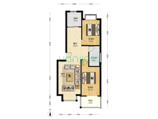 冠云路 汇源大酒店旁 精装低楼层两居-户型图