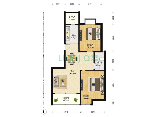 龙柏香榭苑 2室2厅1卫 99平方