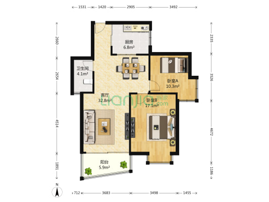 江景园 2室1厅1卫 92平方