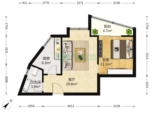 似海怡家 1室1厅1卫 64平方
