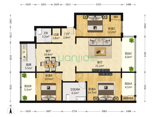 金仙桥路22号 3室2厅2卫 121平方