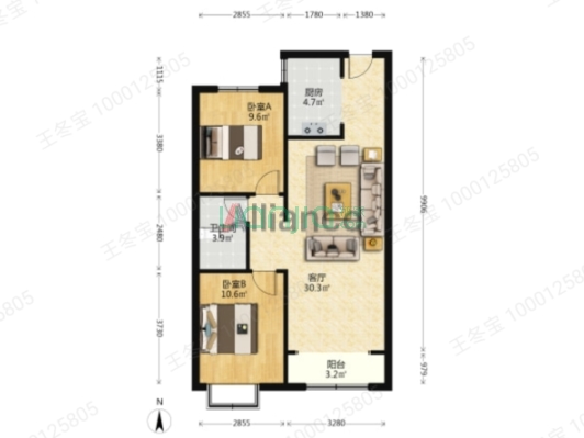 新小区，南北通透两居，人车分流-户型图