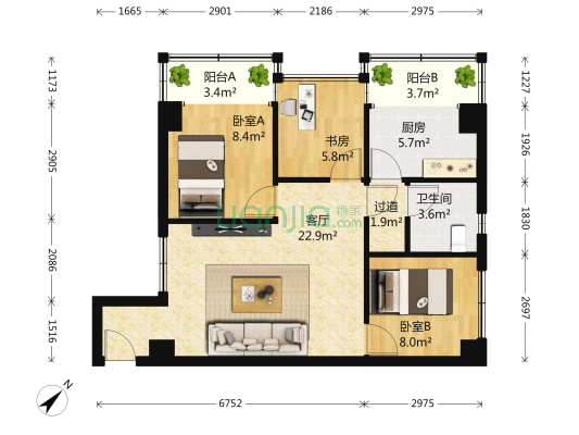 府河名居(锦江) 3室1厅1卫 81平方