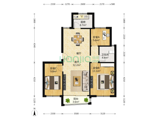 甬申金地城 3室2厅1卫 102平方