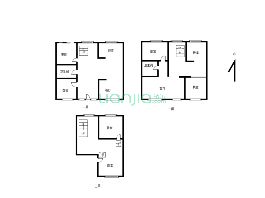 连排别墅，一共三层，6室格局有小院-户型图