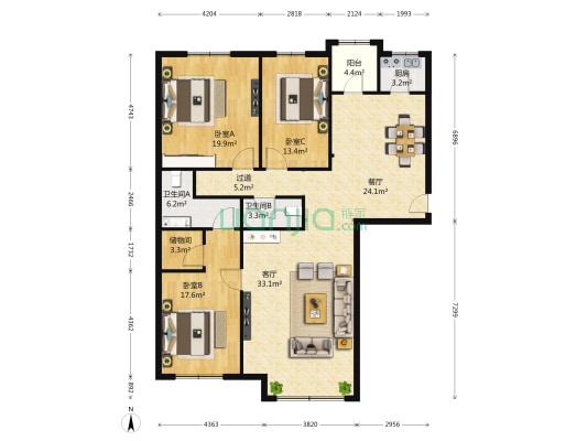 远大园一区 3室2厅2卫 164平方