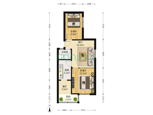 燕子山小区南区 2室2厅1卫 58平方