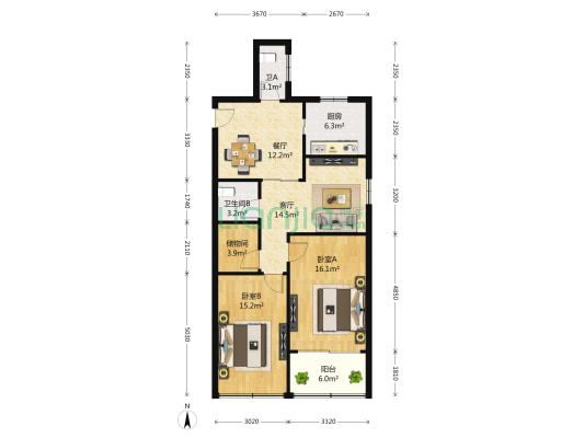 汇众公寓(浦东) 2室1厅2卫 108平方