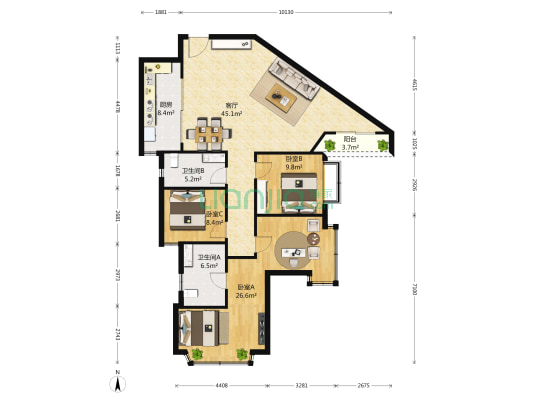 湖景居 3室1厅2卫 147平方