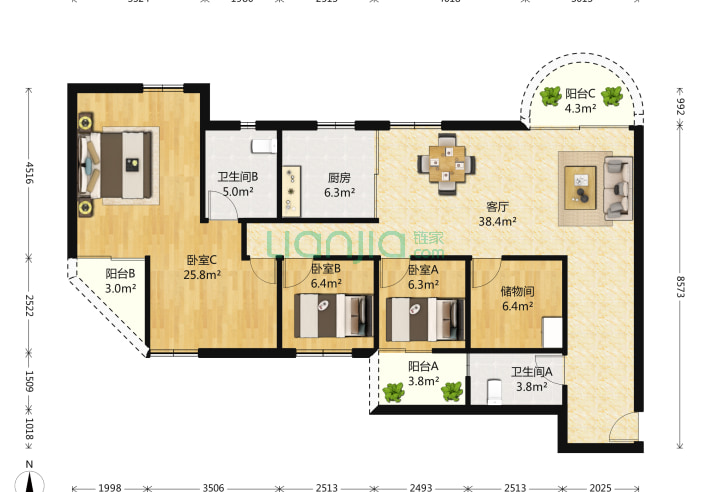 湖滨花园 3室1厅2卫 151㎡ 户型
