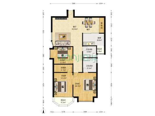 五丁路9号 3室1厅2卫 141平方