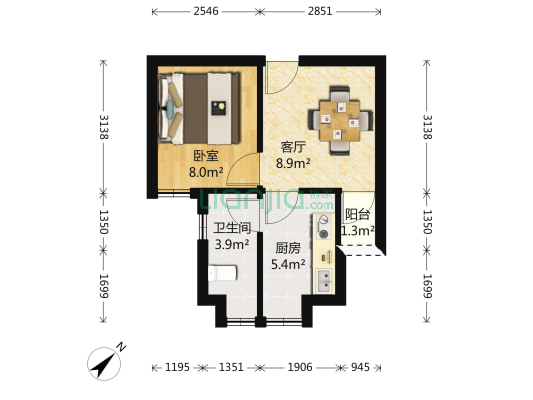 世纪广场 1室1厅1卫 43平方