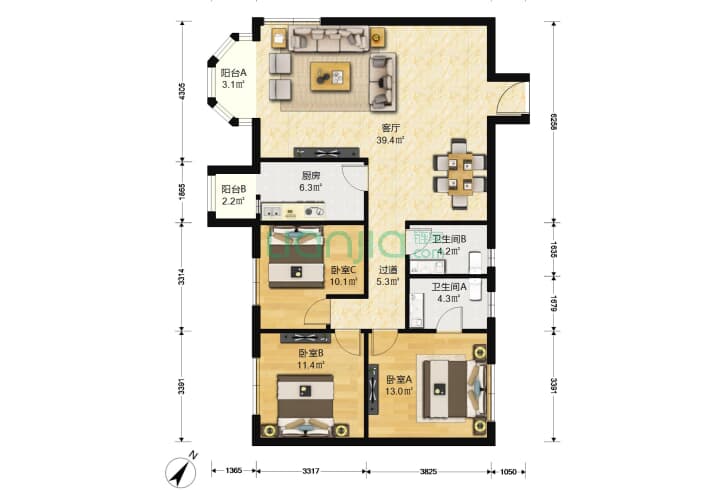 银枫家园 3室1厅2卫 133㎡ 户型