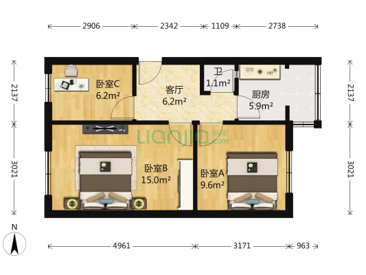 桂王桥西街56号 3室1厅1卫 56平方