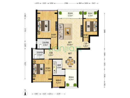 美丽沙花园 3室1厅2卫 134平方