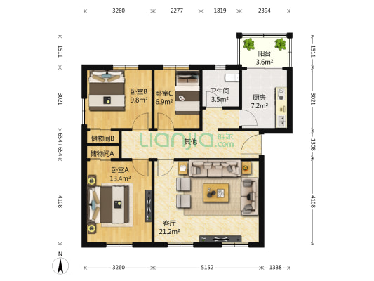 华清商务会馆 3室1厅1卫 97平方