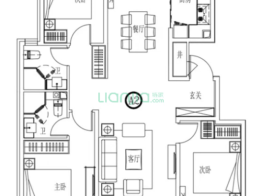 钻石商圈，双卧朝南，双卫生间，客厅带阳台，购物便捷-户型图