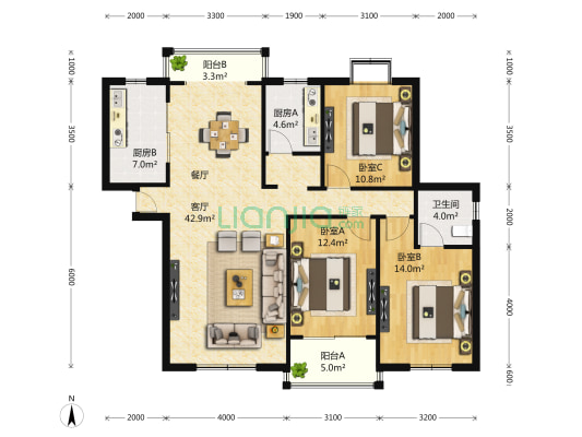 上院(南区) 3室2厅2卫 127平方