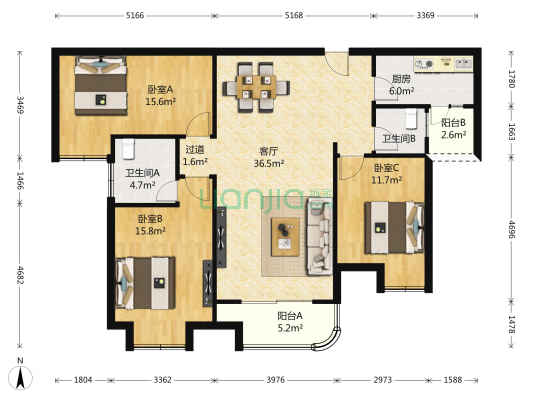 金辉城江城上 3室1厅2卫 132平方