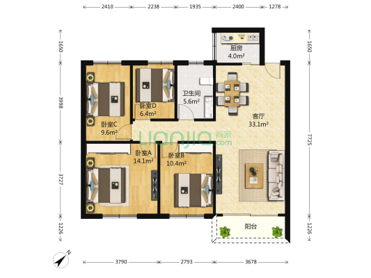 盛龙花园 4室1厅1卫 106平方