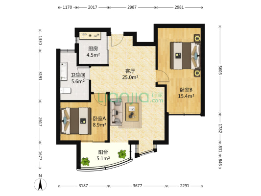 晶城 2室1厅1卫 93平方