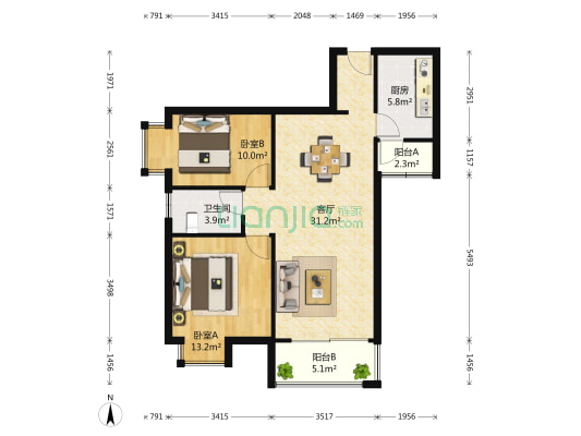 曲江龙邸 2室1厅1卫 90平方