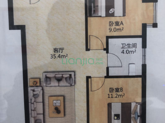 明厨明卫2居室 中楼层 南北通透 精装修 视野开阔-户型图