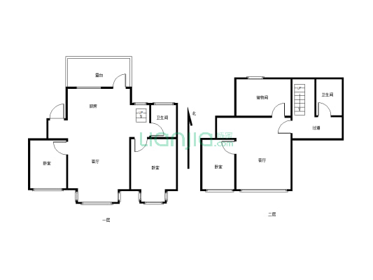 该房屋   楼下两室 一厅   一厨一卫  南北通透 ··-户型图