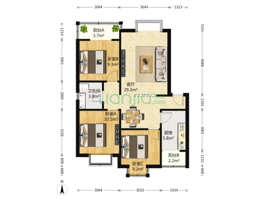 水岸花园 3室1厅1卫 94平方