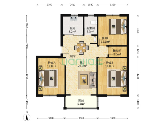 玉树南苑 3室2厅1卫 105平方