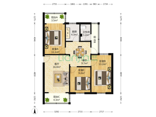 海口市中医药学校 3室2厅1卫 83平方