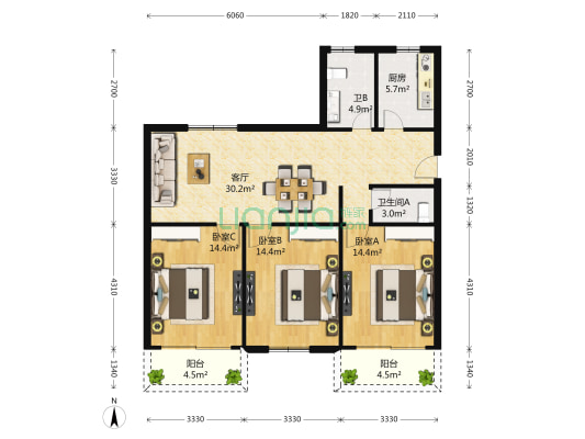 罗溪花苑 3室1厅2卫 118平方