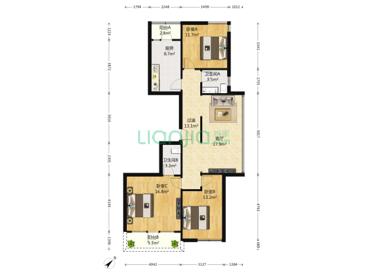 太和广场 3室1厅2卫 127平方