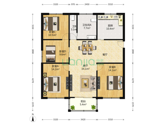 西街15号 4室1厅2卫 135平方