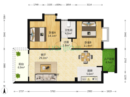 银滩花园 2室1厅1卫 97平方
