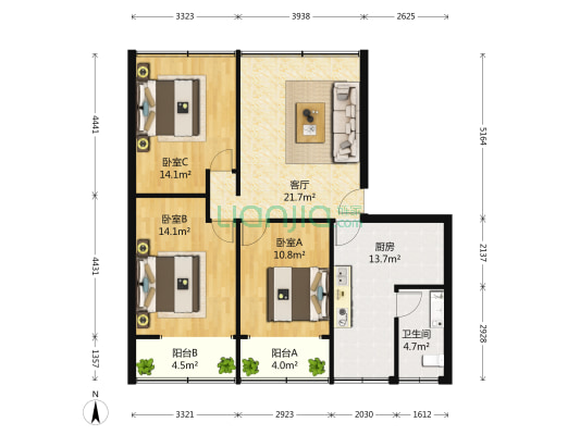 工人村51到81号 3室1厅1卫 118平方