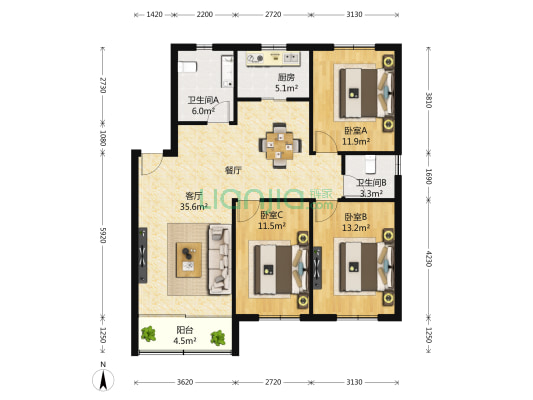 华侨花苑 3室2厅2卫 35平方