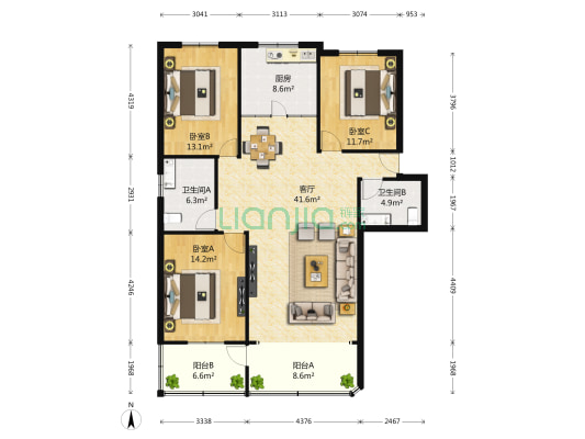 四维公寓 3室1厅2卫 134平方
