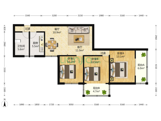 兴联公寓 3室2厅1卫 119平方