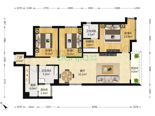 万科金色海蓉三期 3室1厅2卫 112平方