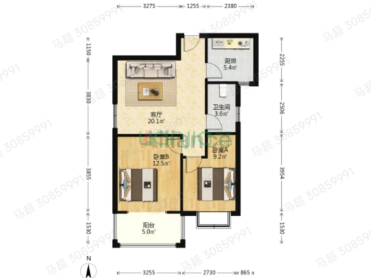 天保郦景 2室1厅 南 西-户型图
