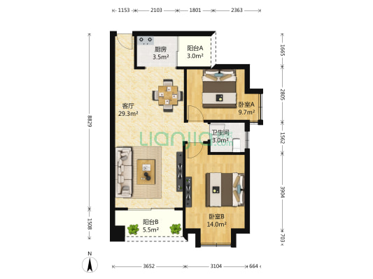 中央公园城 2室1厅1卫 84平方
