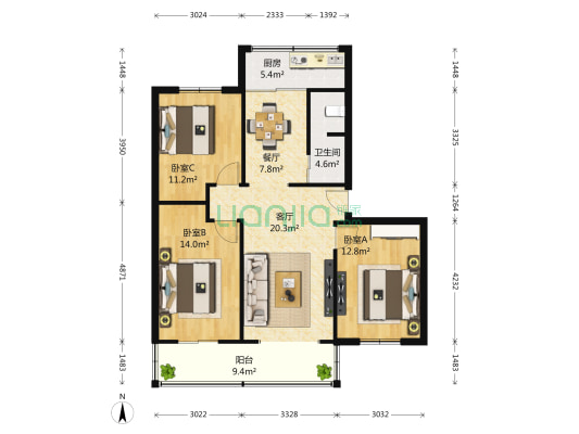 邮电局宿舍 3室2厅1卫 95平方