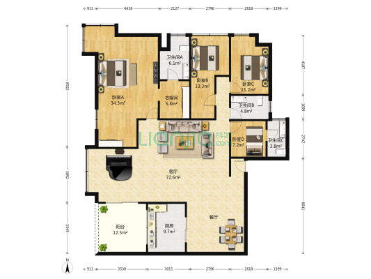 天海豪景苑 4室1厅3卫 223平方
