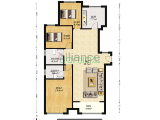 老城区双塔区 新社区南北通透三居室-户型图